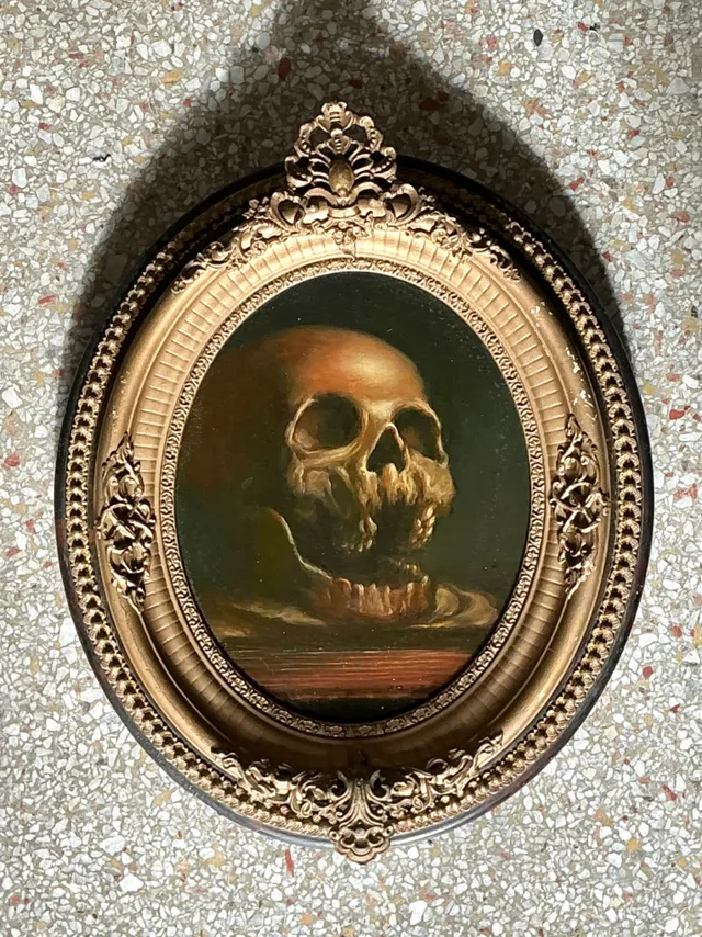 Vintage Skull Oil Painting in Ornate Frame — additional photo 6