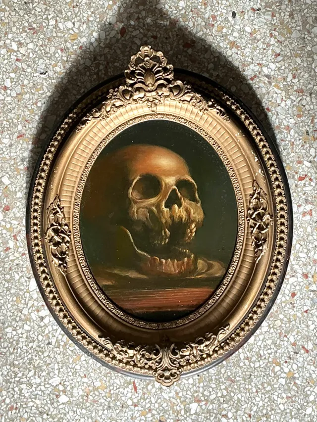 Vintage Skull Oil Painting in Ornate Frame — additional photo 4