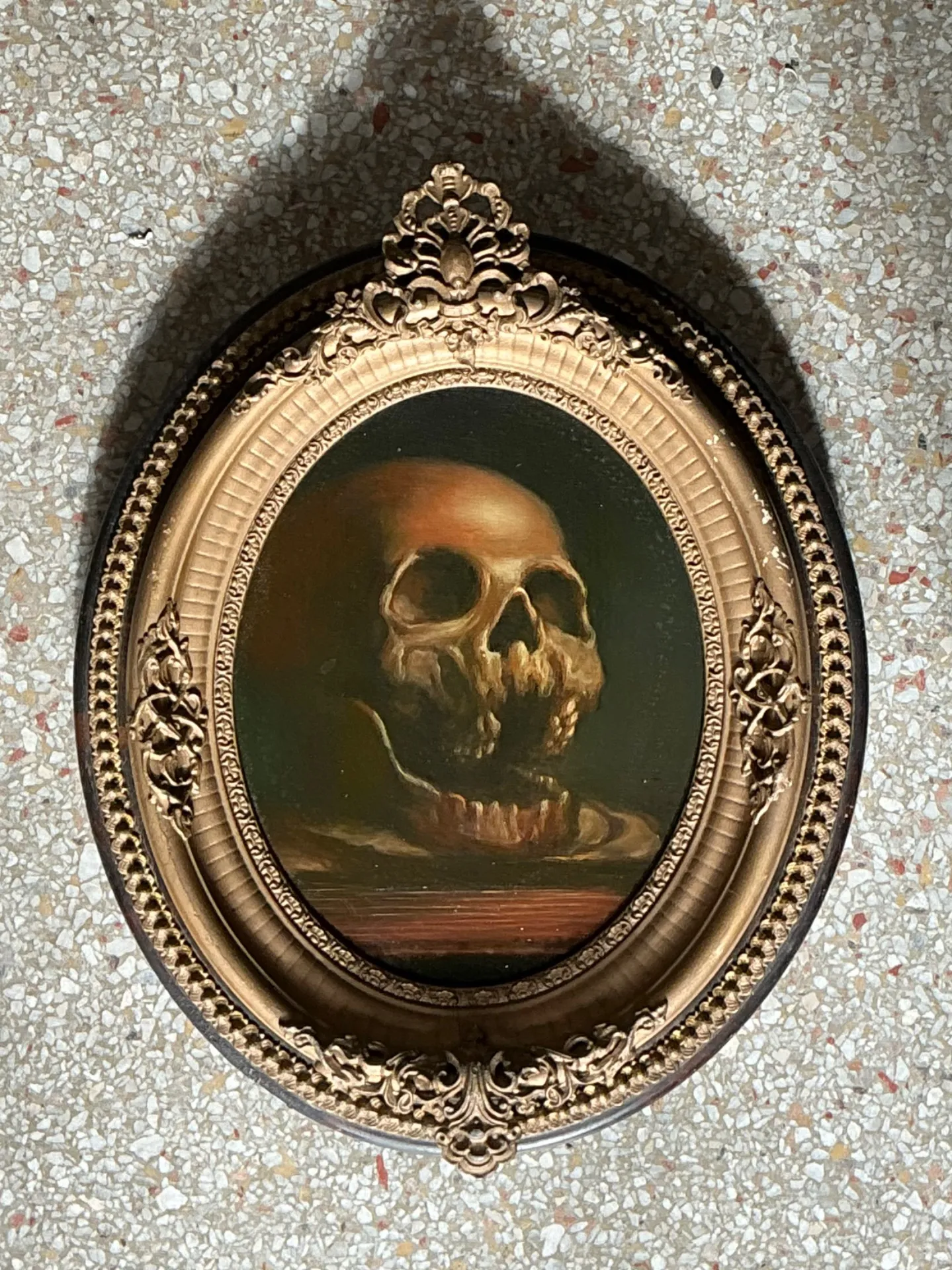 Vintage Skull Oil Painting in Ornate Frame — additional photo 2