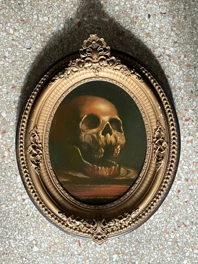 Vintage Skull Oil Painting in Ornate Frame — additional photo 2