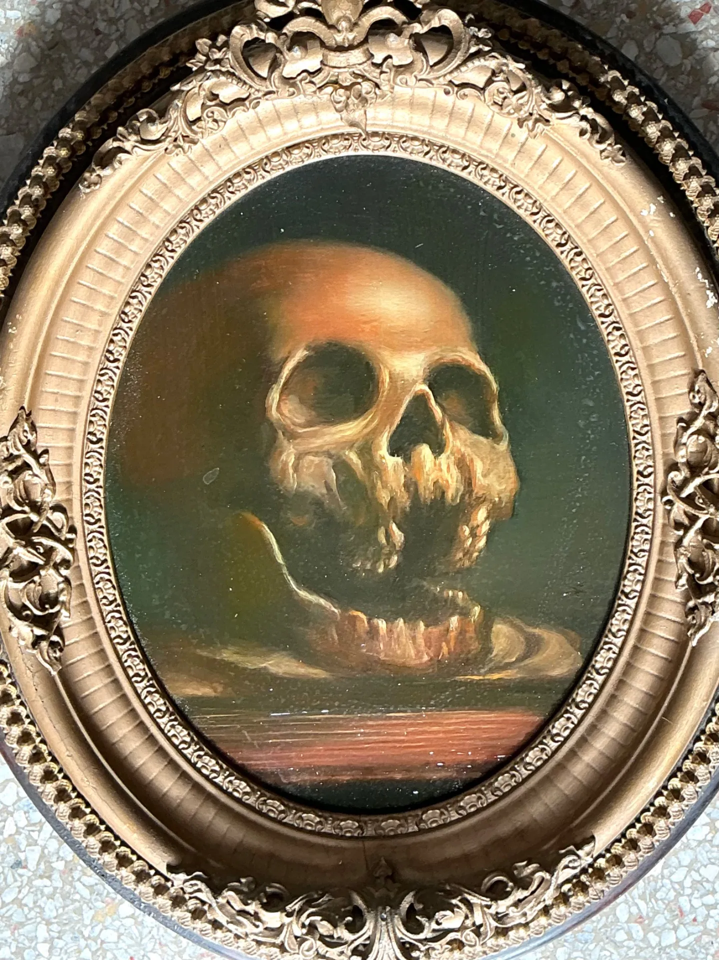 Vintage Skull Oil Painting in Ornate Frame — additional photo 3