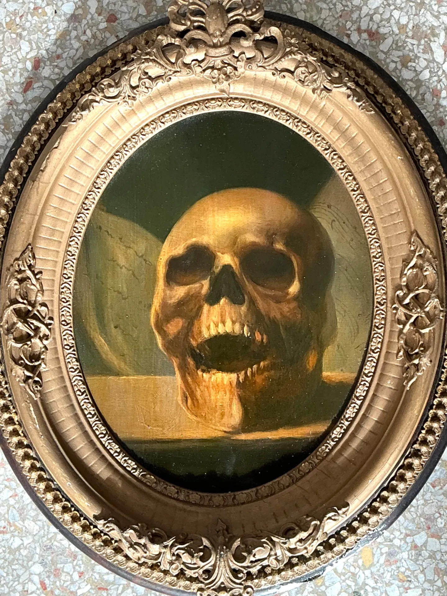 Vintage Skull Oil Painting in Ornate Frame — additional photo 6