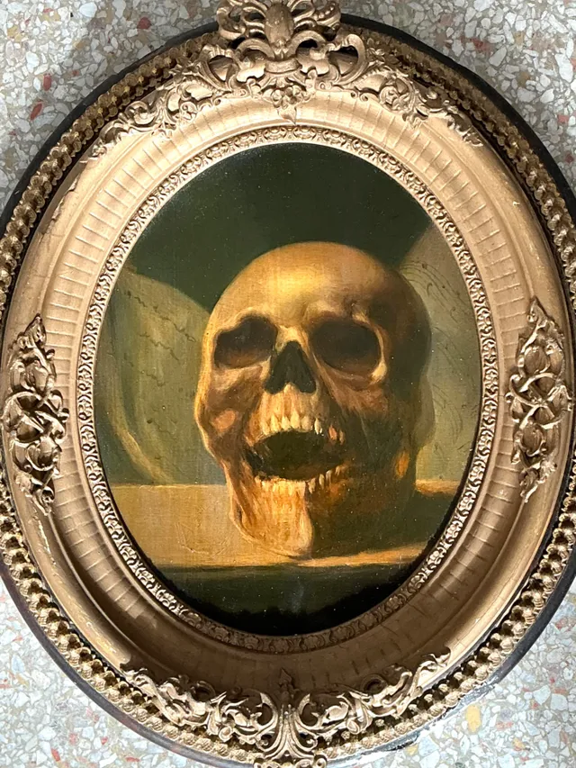Vintage Skull Oil Painting in Ornate Frame — additional photo 6