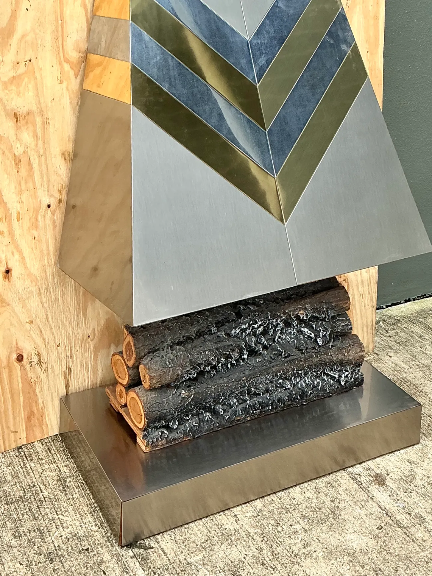 Vintage Boho Chevron Brass And Chrome Faux Fireplace — additional photo 7