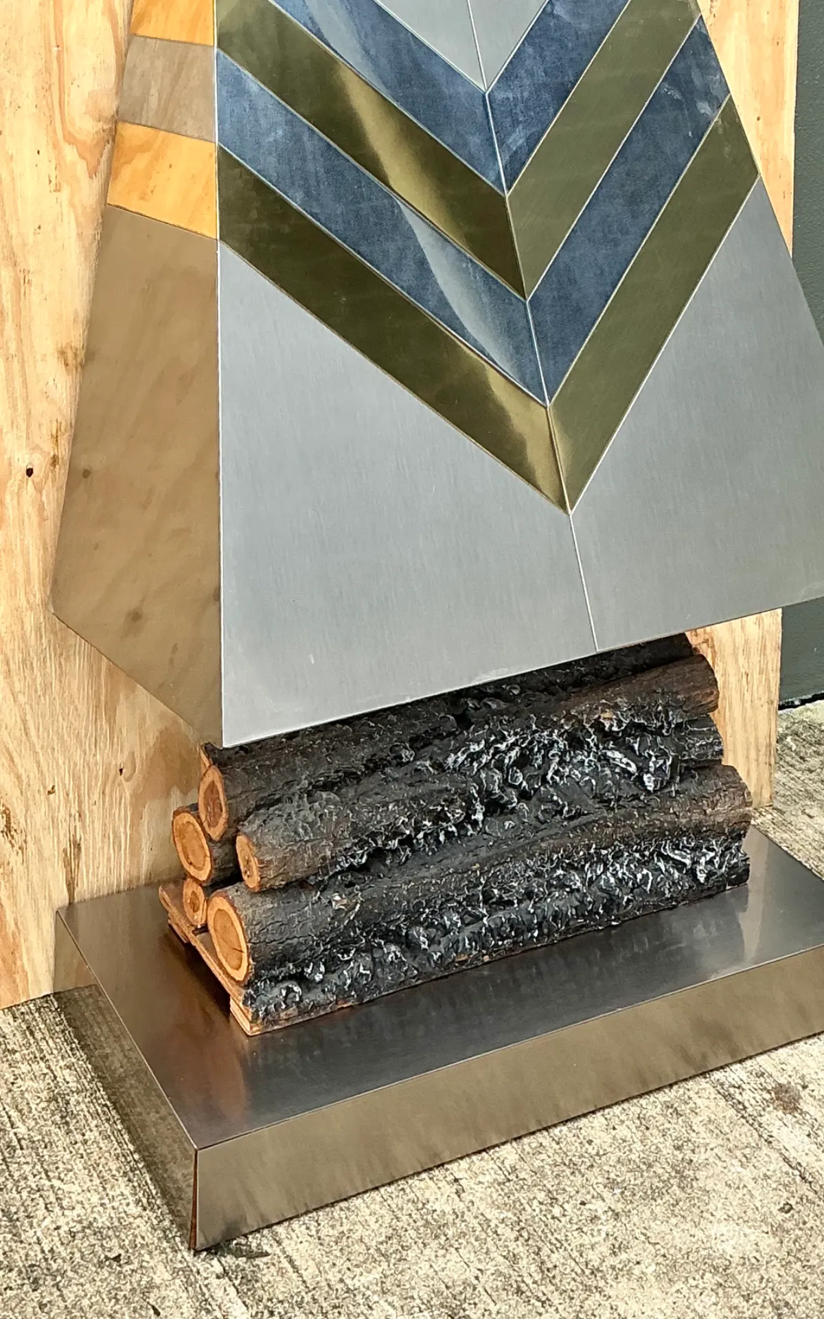 Vintage Boho Chevron Brass And Chrome Faux Fireplace — additional photo 7