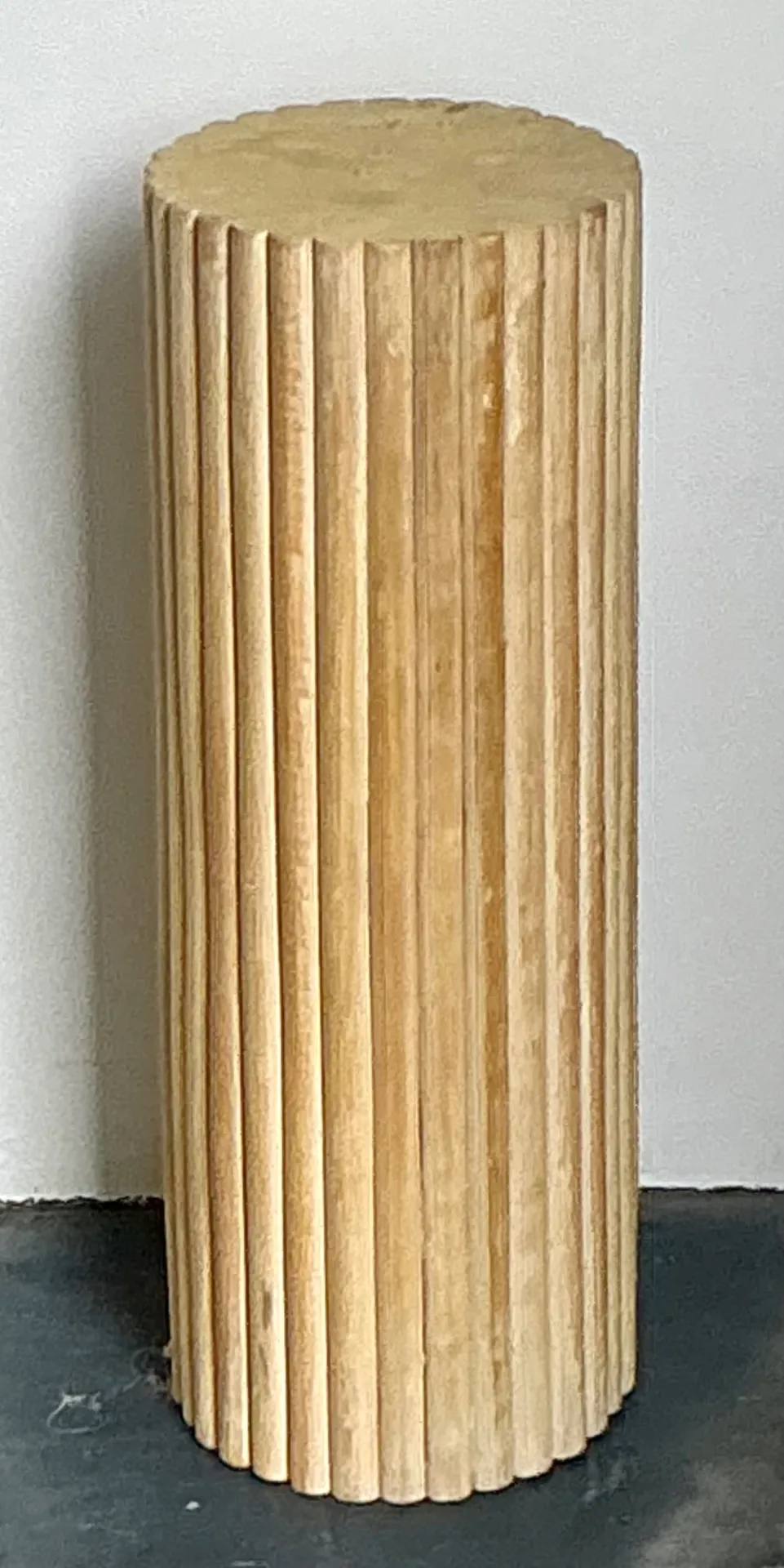 Vintage Ribbed Wood And Rattan Small Pedestal