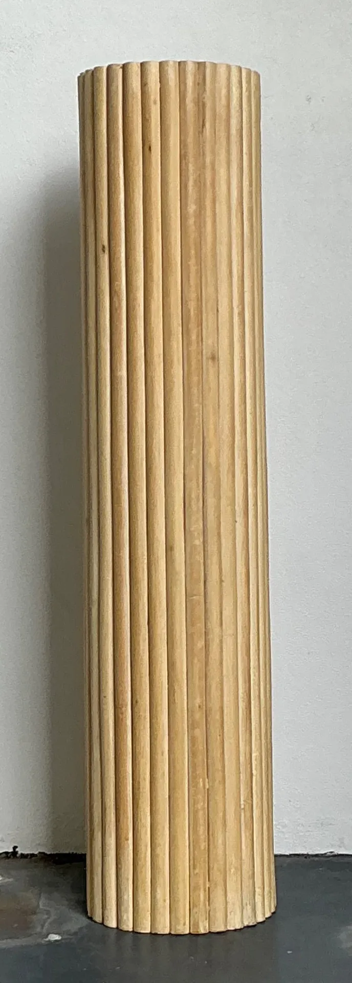 Vintage Ribbed Wood And Rattan Large Pedestal