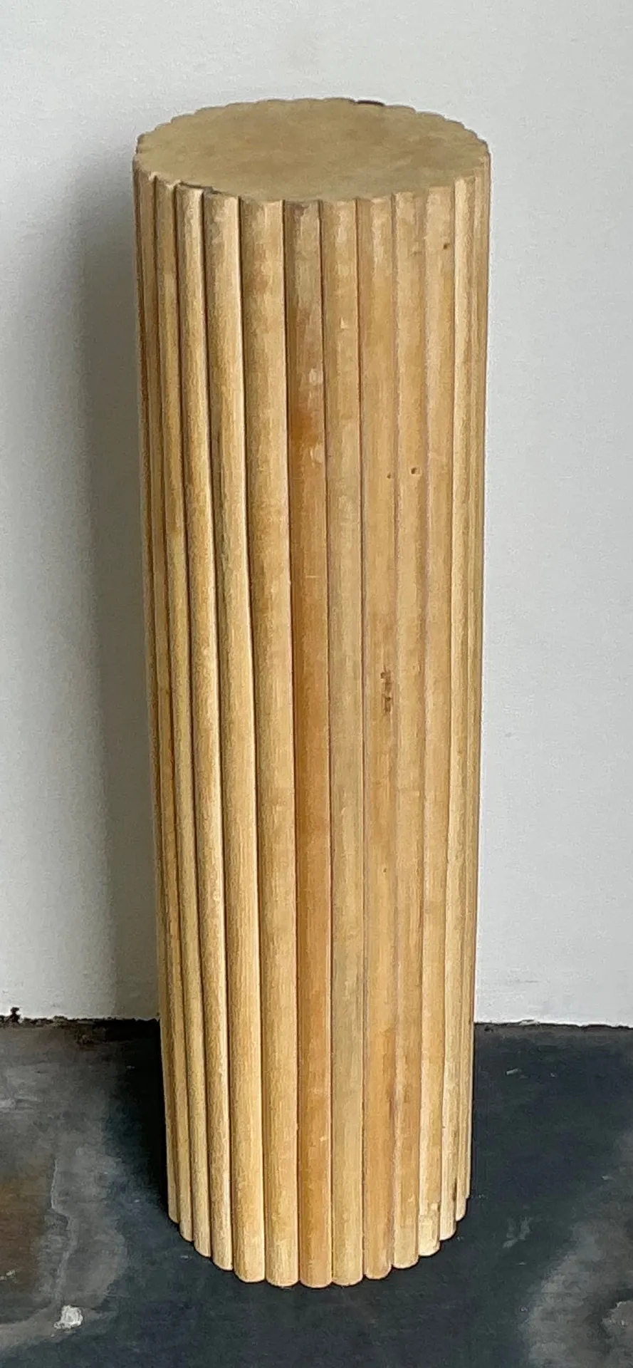 Vintage Ribbed Wood And Rattan Medium Pedestal