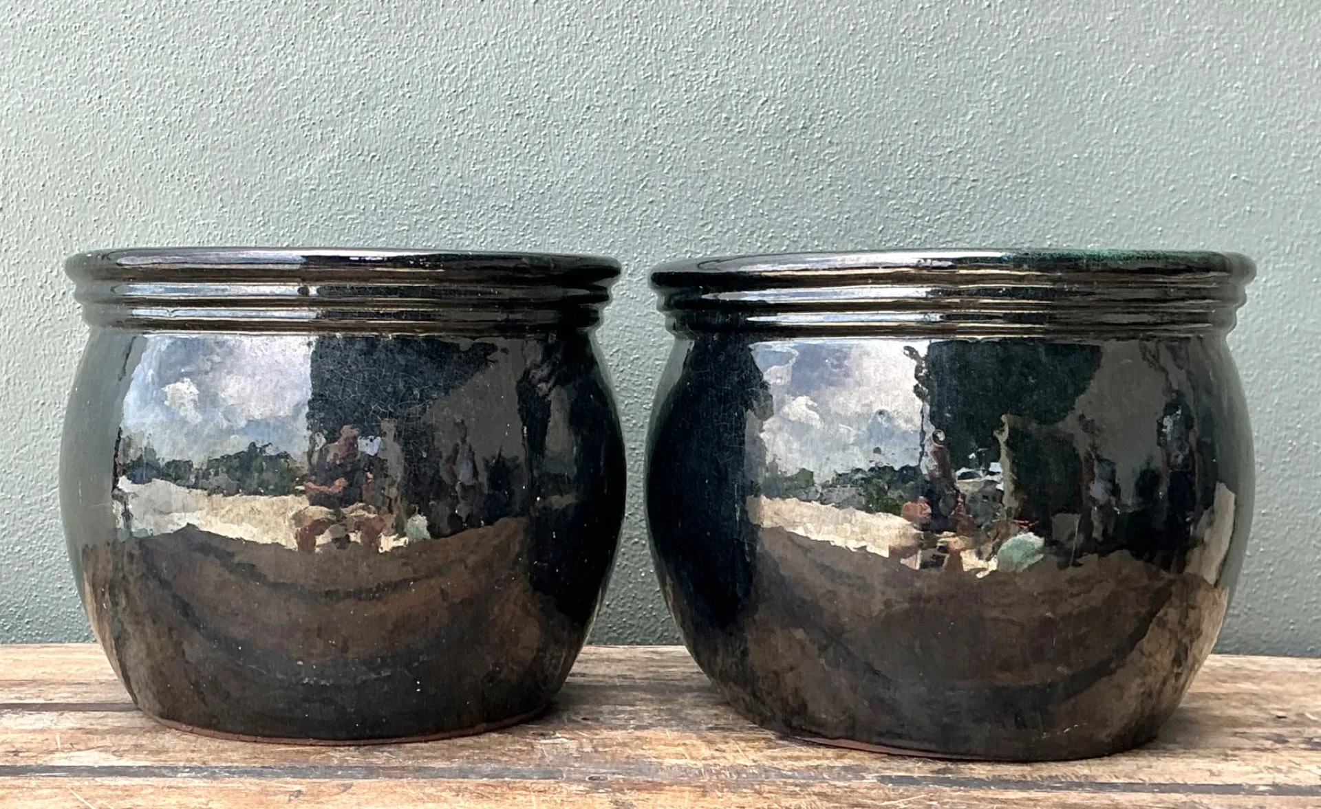 Vintage Ceramic Planters in Black Over Green Glaze - Set of 2 — additional photo 4