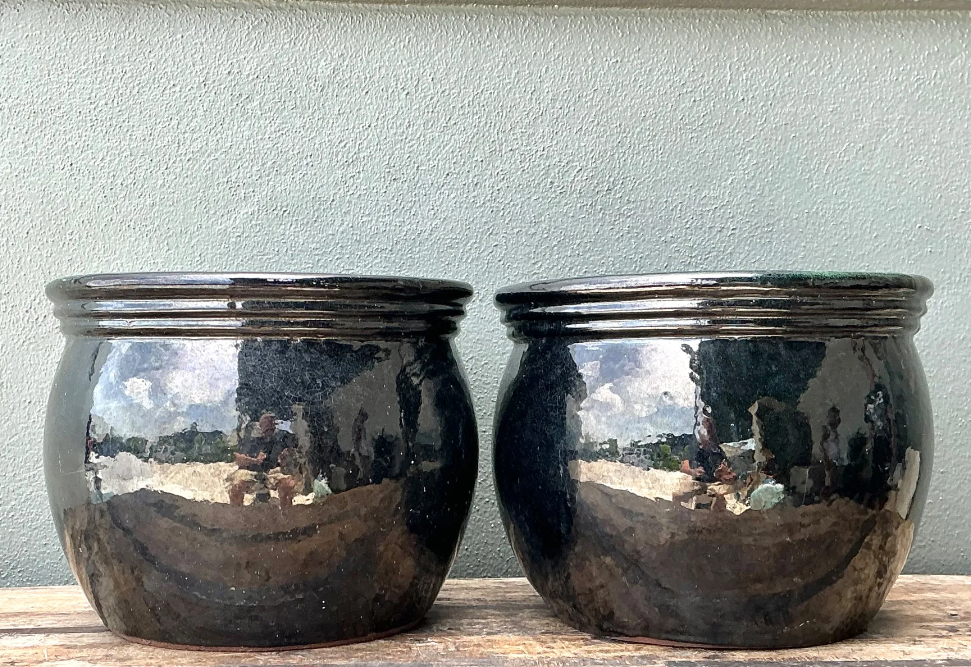 Vintage Ceramic Planters in Black Over Green Glaze - Set of 2 — additional photo 6