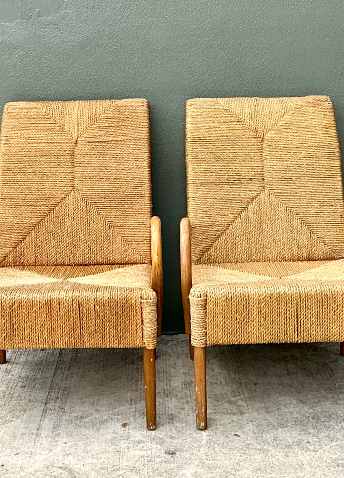 Vintage Japanese Wood and Twisted Jute Lounge Chairs - Pair
