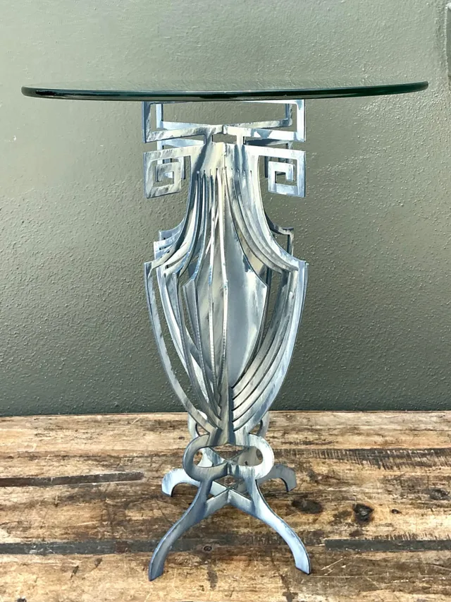 Vintage Greek Key Motif Metal and Glass Drinks Table — additional photo 3