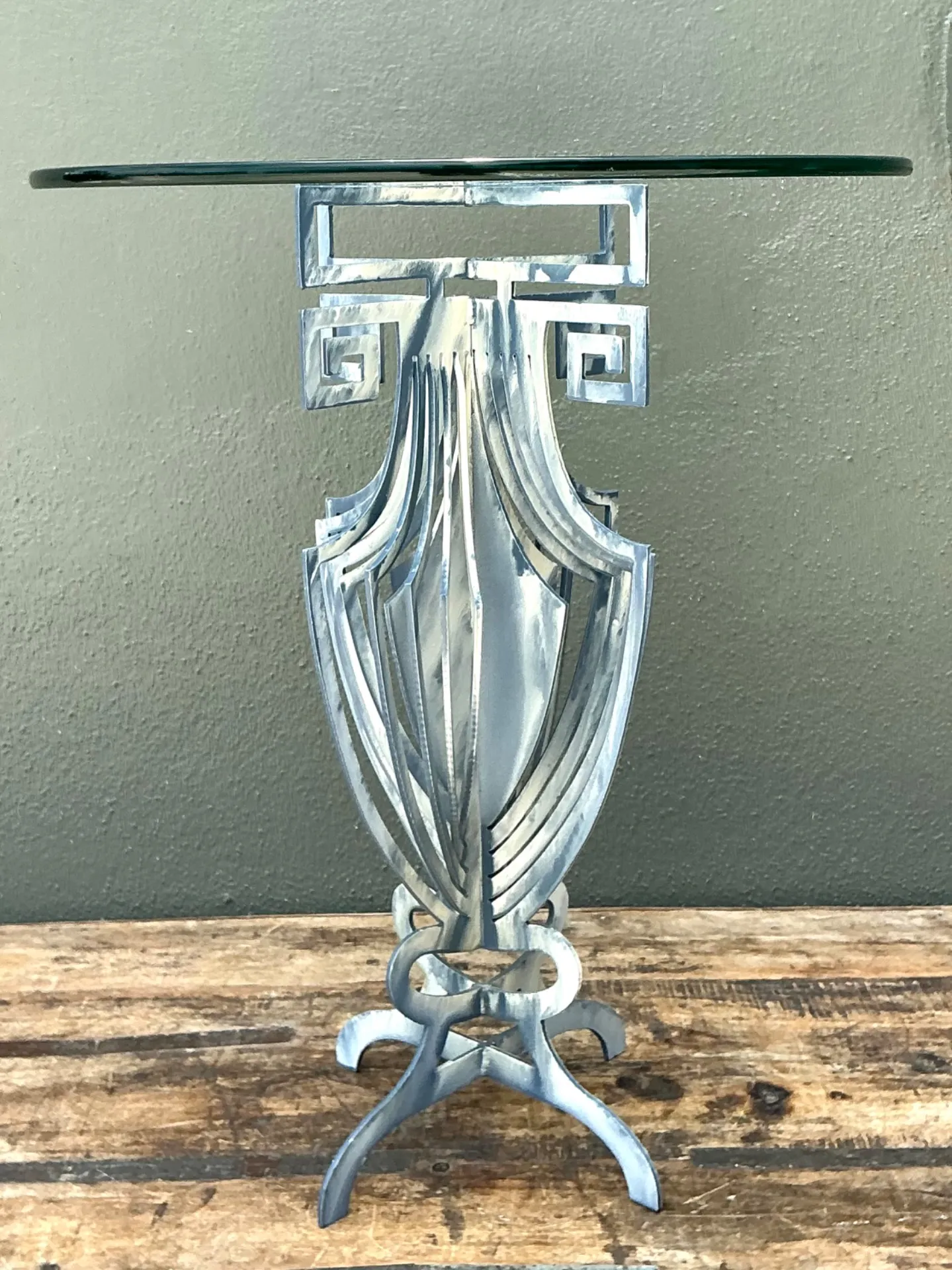 Vintage Greek Key Motif Metal and Glass Drinks Table — additional photo 1