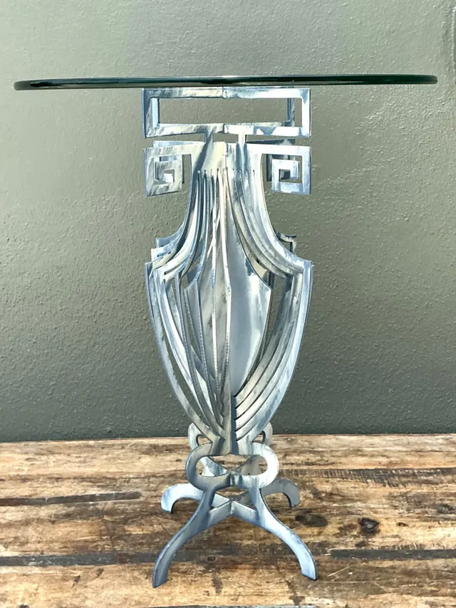 Vintage Greek Key Motif Metal and Glass Drinks Table — additional photo 1