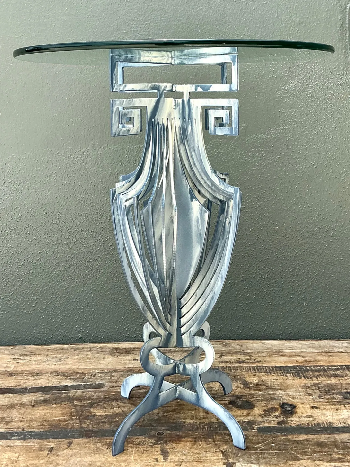 Vintage Greek Key Motif Metal and Glass Drinks Table — additional photo 5