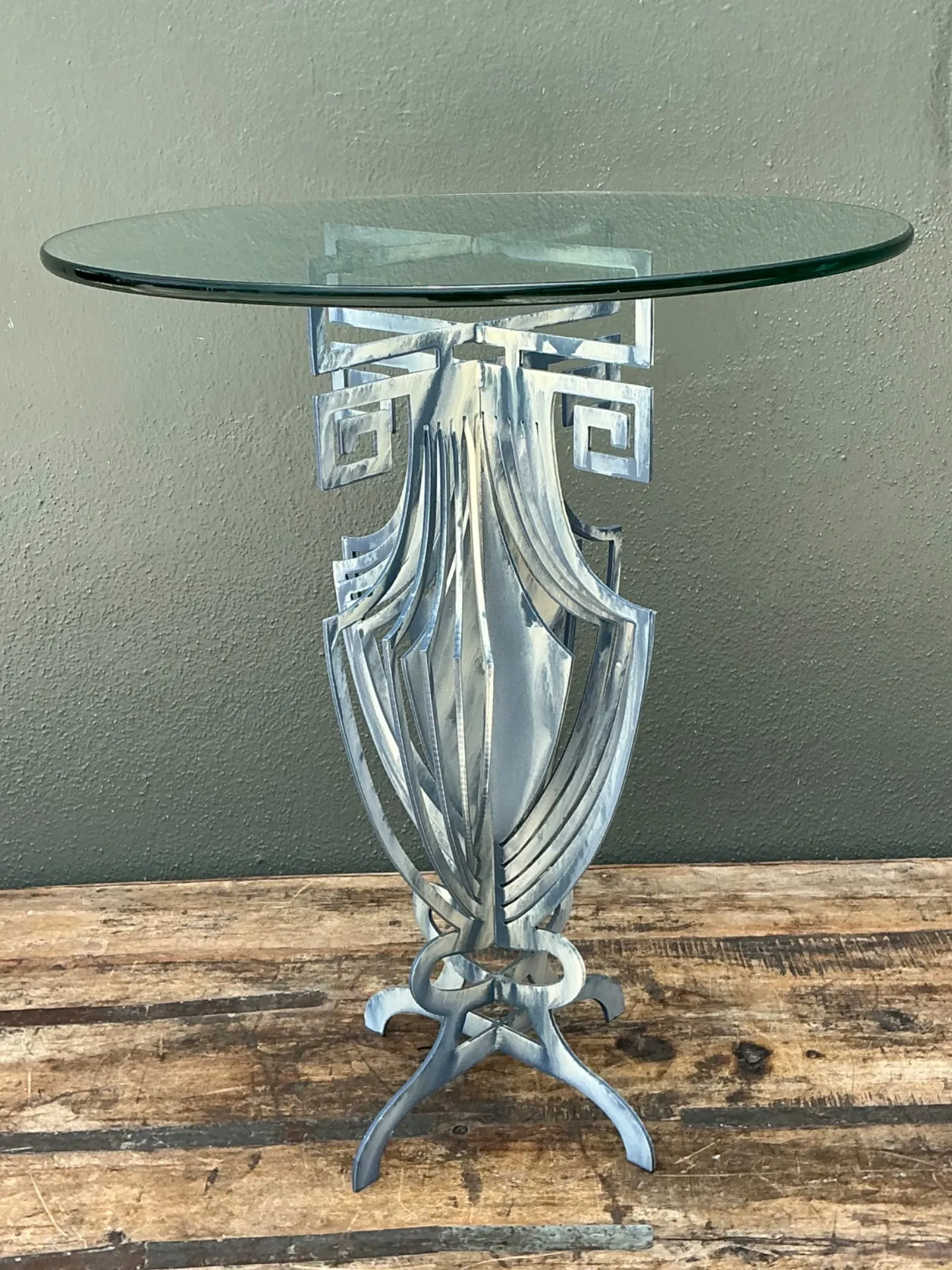 Vintage Greek Key Motif Metal and Glass Drinks Table — additional photo 7