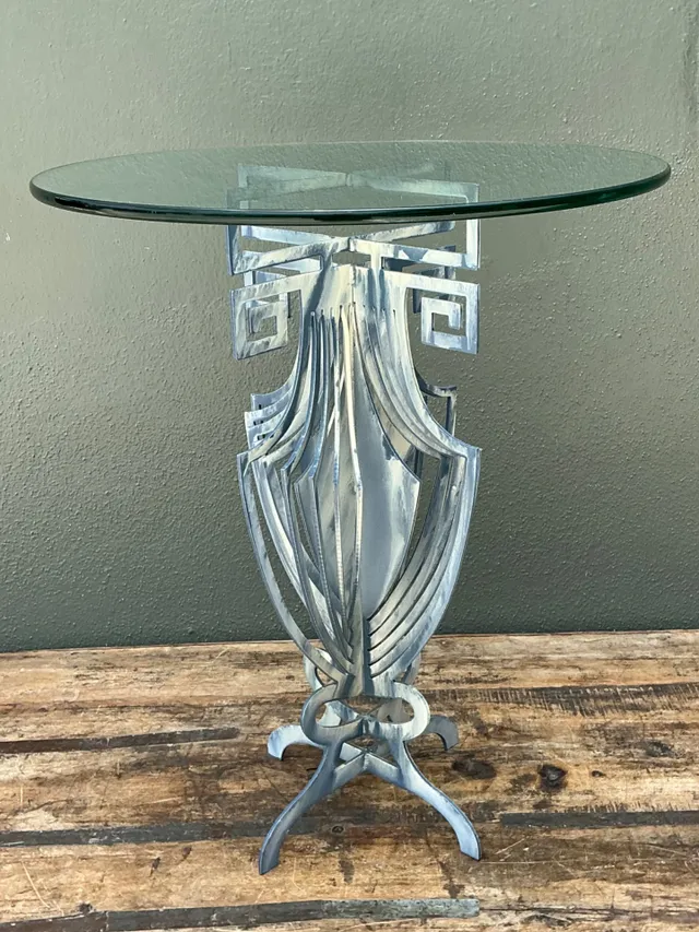 Vintage Greek Key Motif Metal and Glass Drinks Table — additional photo 7