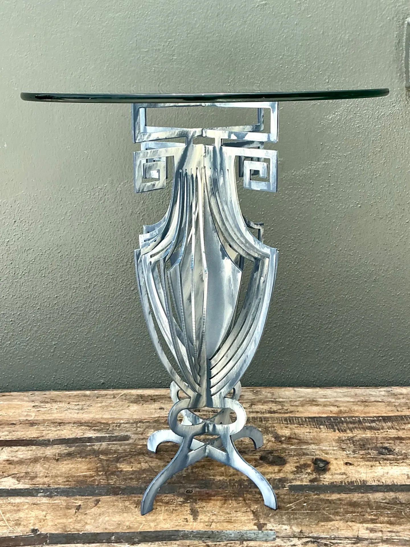 Vintage Greek Key Motif Metal and Glass Drinks Table — additional photo 8