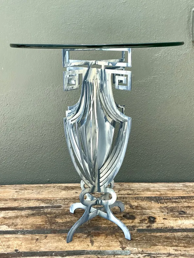 Vintage Greek Key Motif Metal and Glass Drinks Table — additional photo 8