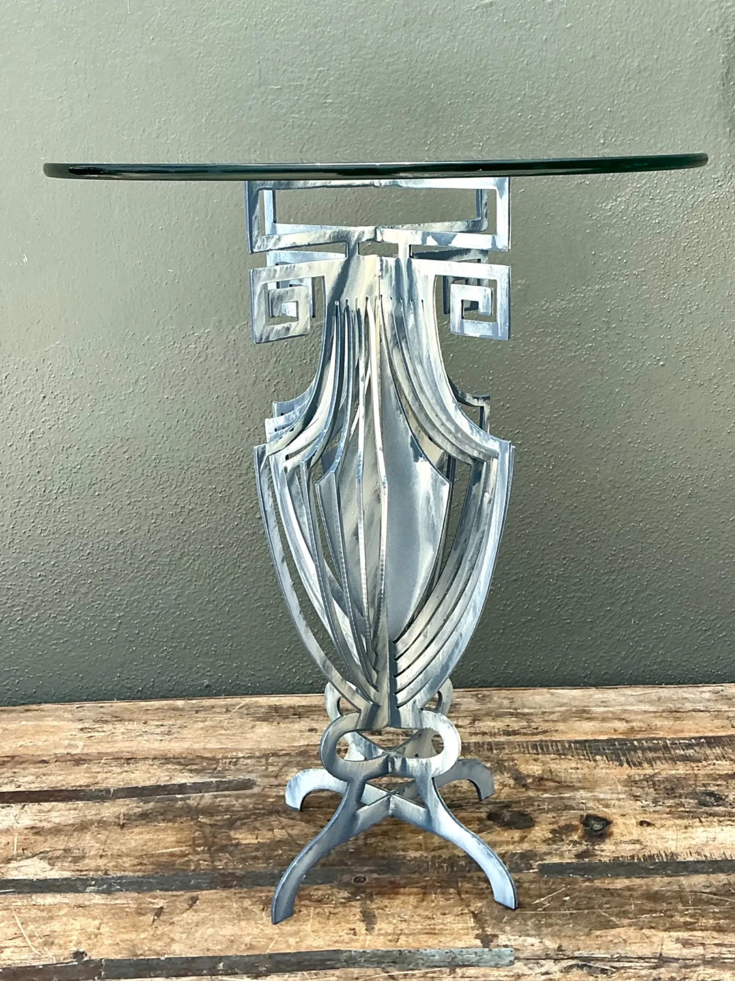 Vintage Greek Key Motif Metal and Glass Drinks Table — additional photo 2