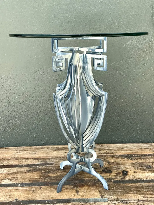 Vintage Greek Key Motif Metal and Glass Drinks Table — additional photo 2
