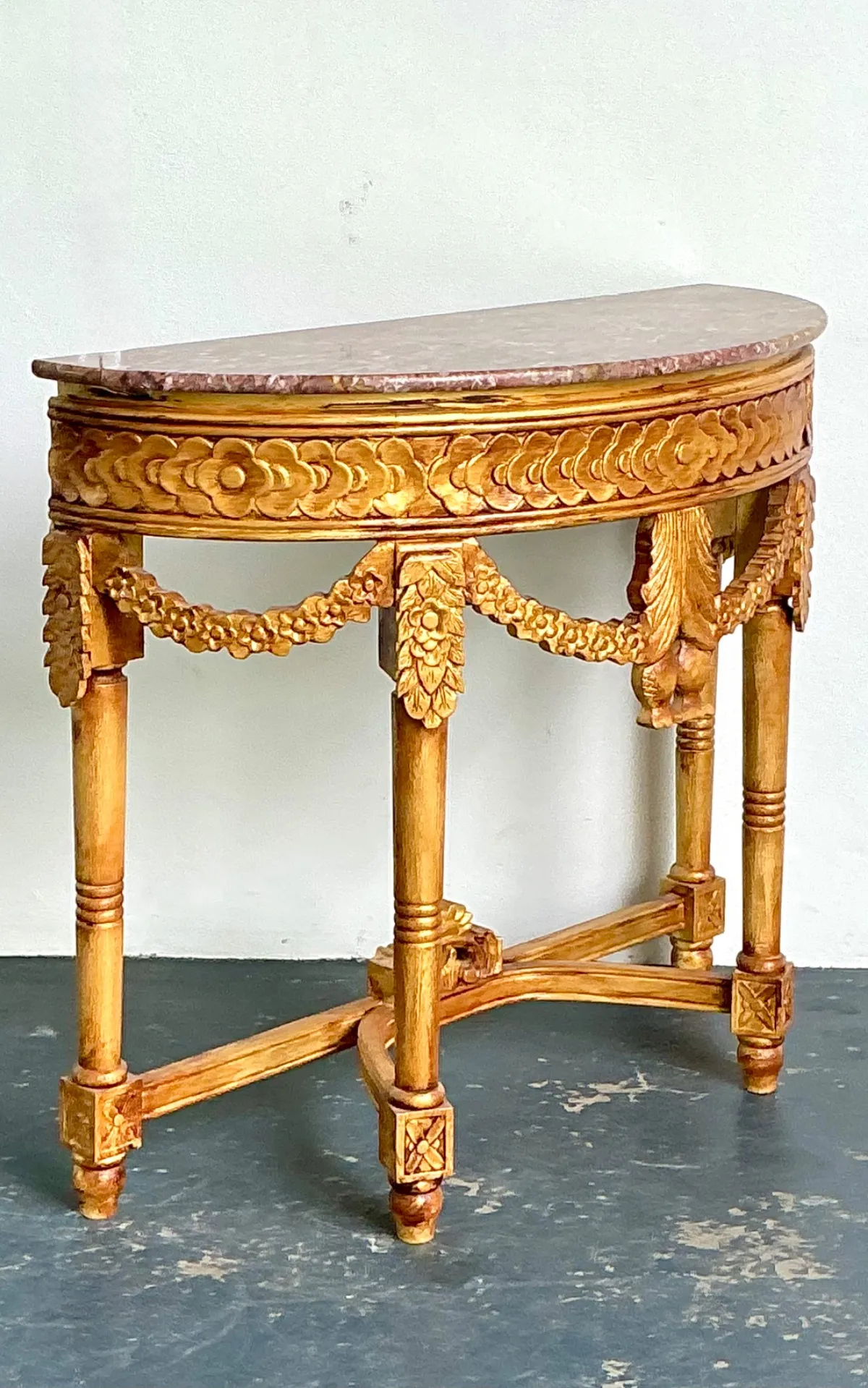 Antique Carved Giltwood Pomegranate Console with Marble Top