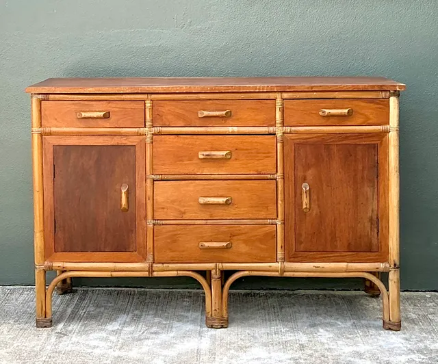 Vintage MCM Bamboo and Wood Credenza — additional photo 1