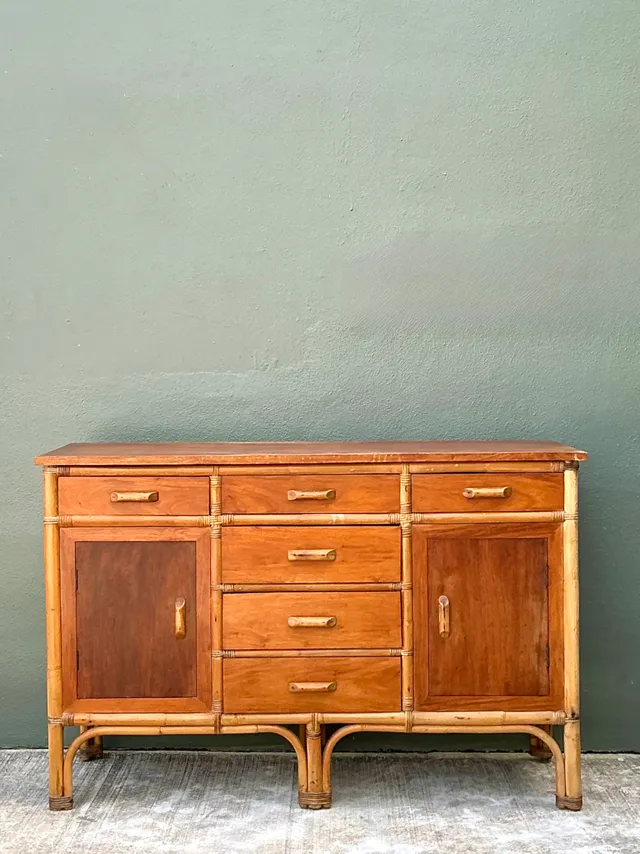 Vintage MCM Bamboo and Wood Credenza — additional photo 3