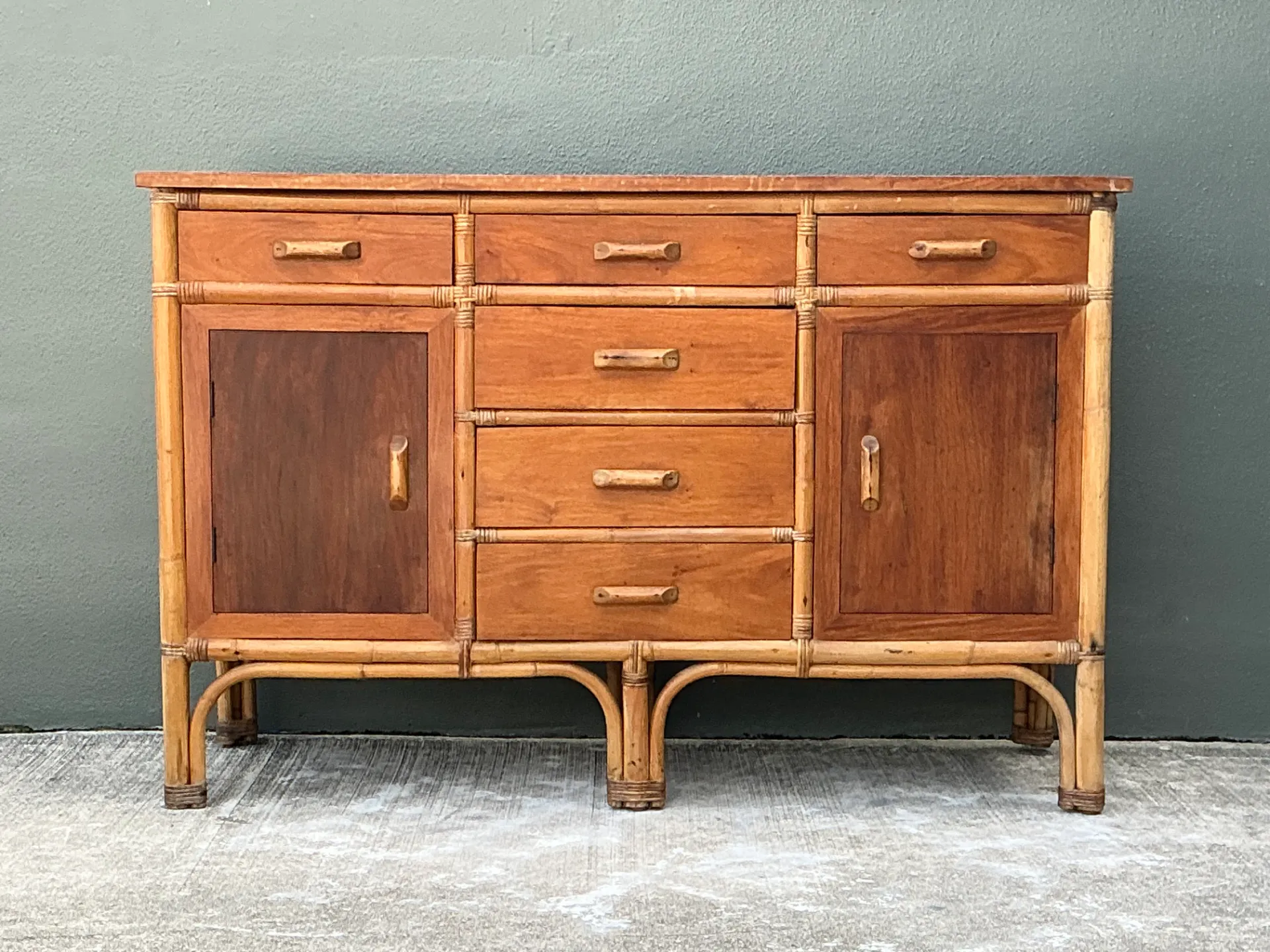 Vintage MCM Bamboo and Wood Credenza — additional photo 5