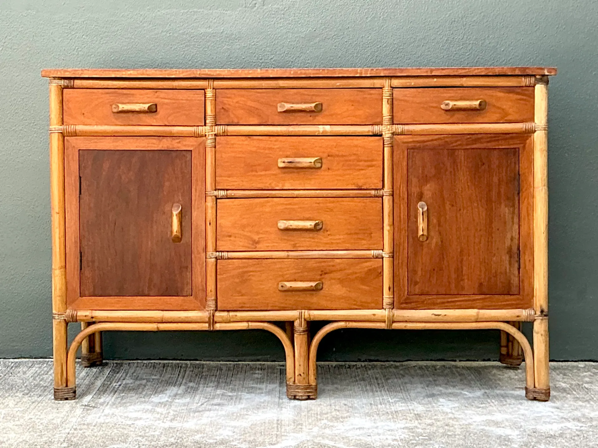 Vintage MCM Bamboo and Wood Credenza — additional photo 7