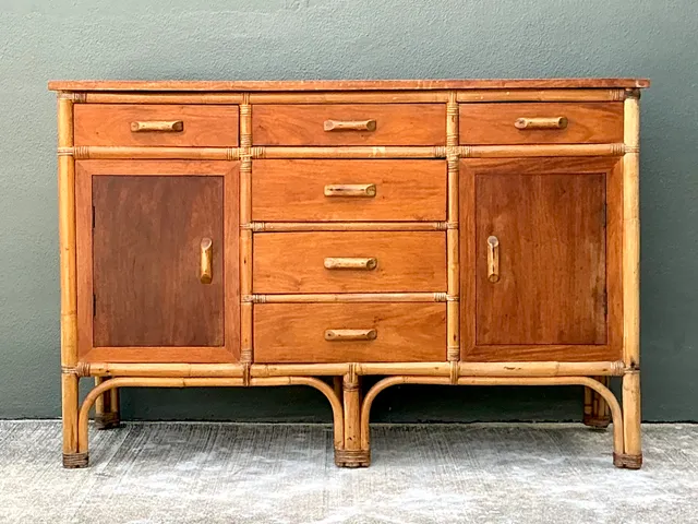 Vintage MCM Bamboo and Wood Credenza — additional photo 7