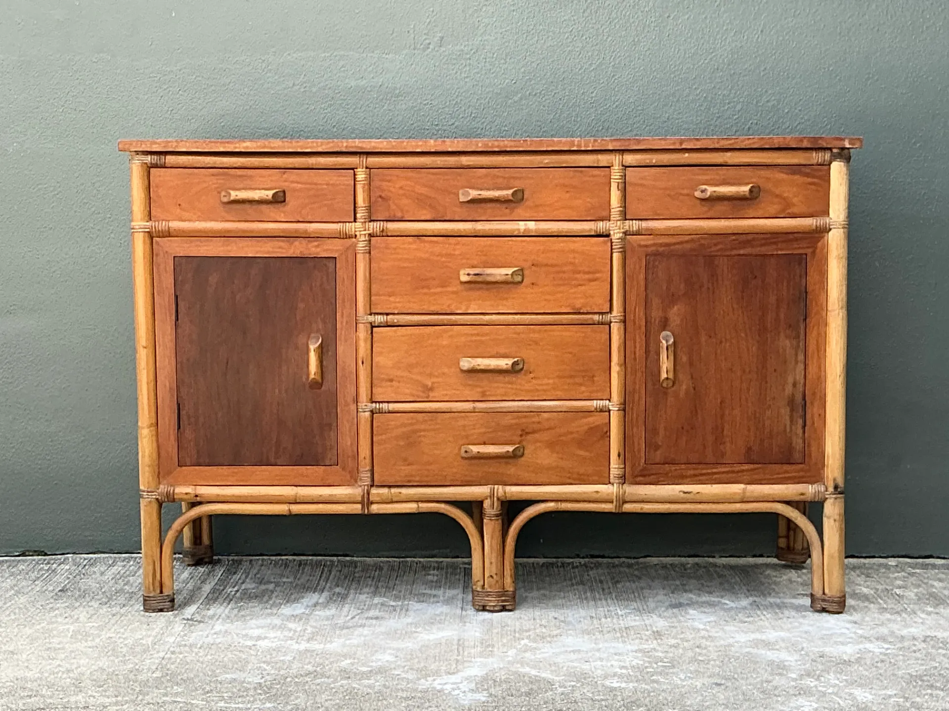 Vintage MCM Bamboo and Wood Credenza — additional photo 8