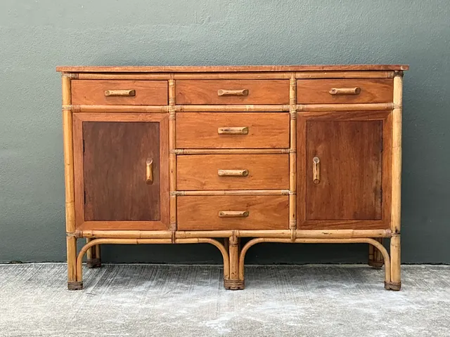 Vintage MCM Bamboo and Wood Credenza — additional photo 8