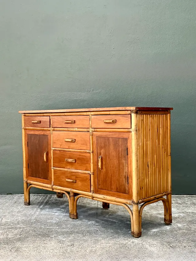 Vintage MCM Bamboo and Wood Credenza — additional photo 2