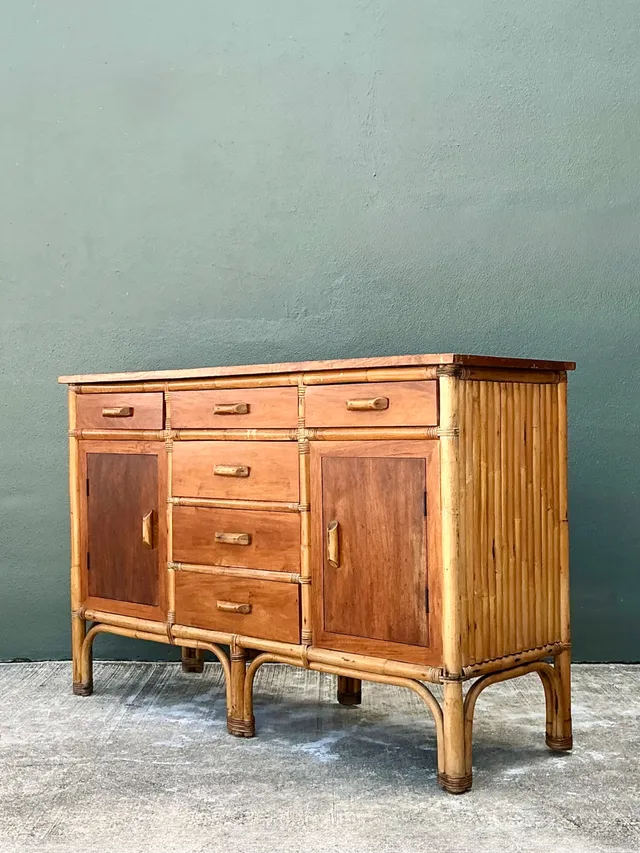 Vintage MCM Bamboo and Wood Credenza — additional photo 4