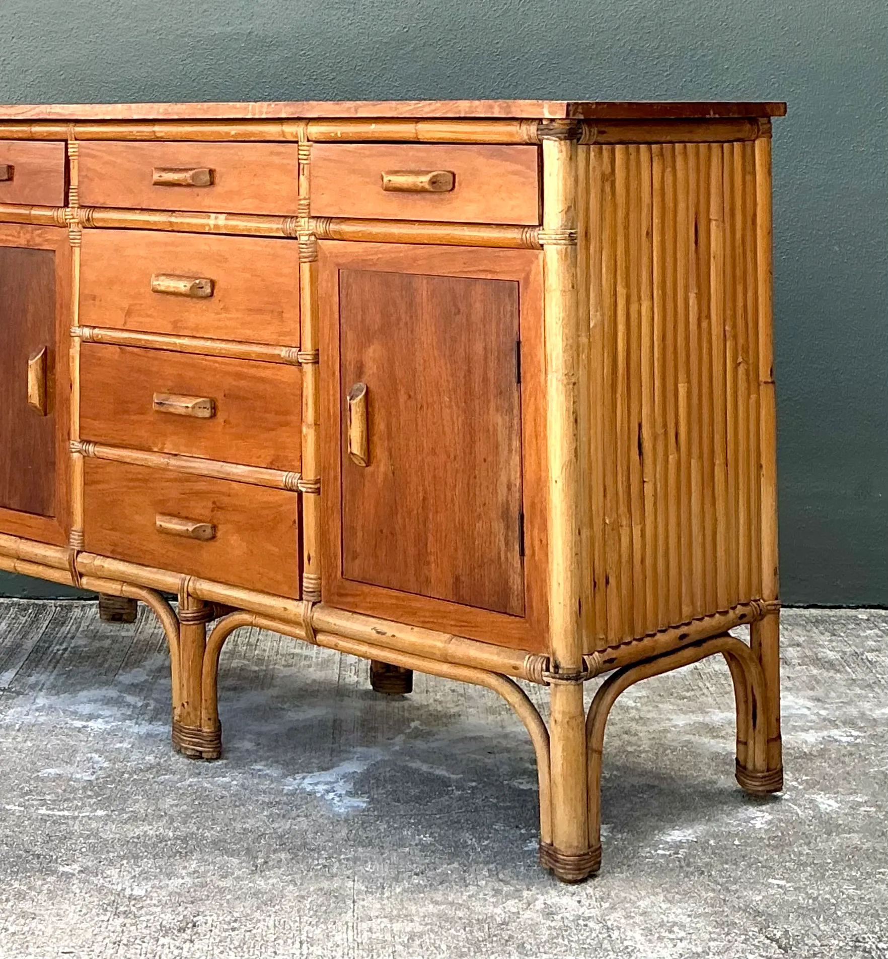 Vintage MCM Bamboo and Wood Credenza — additional photo 6