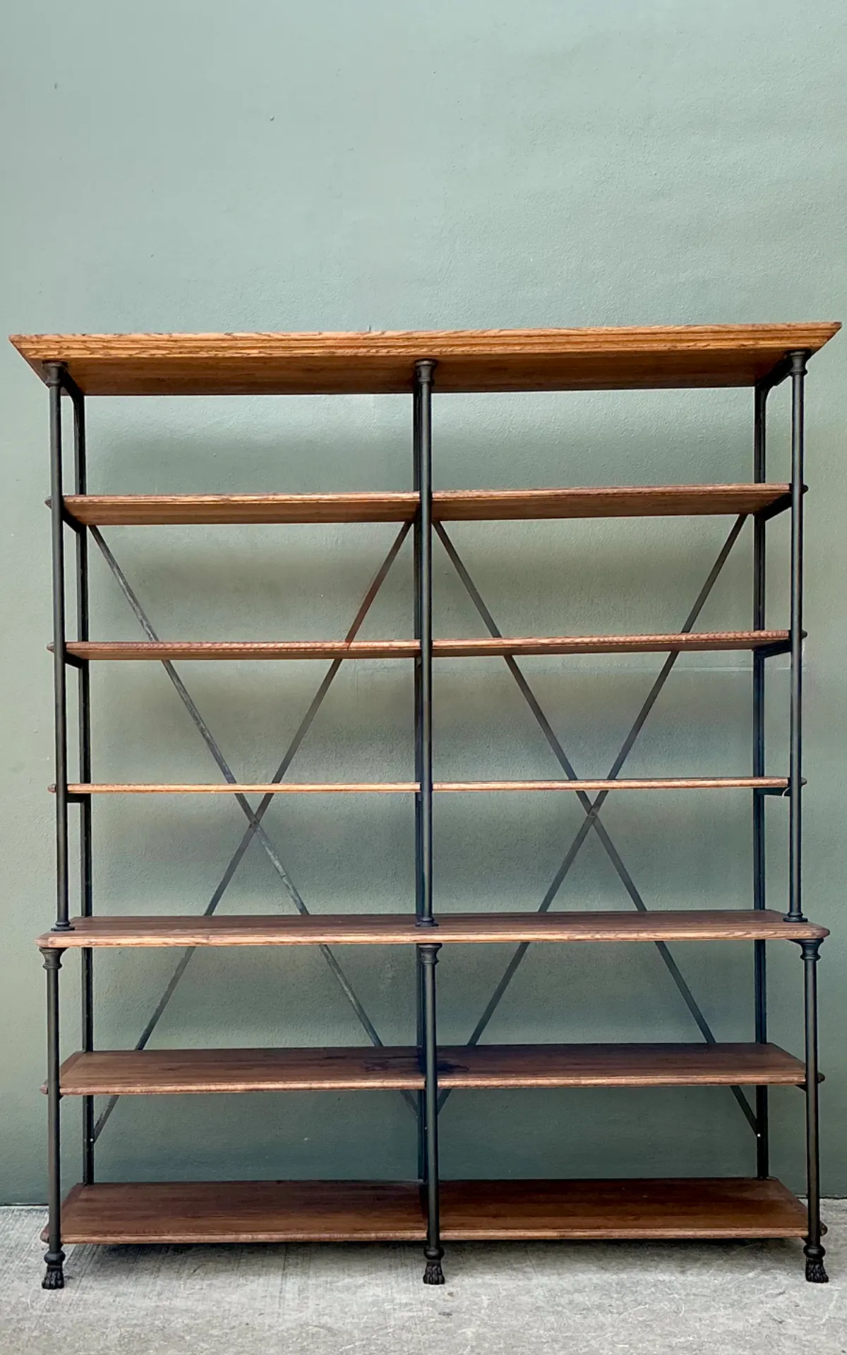 Vintage French Plank Wood and Metal Industrial Bookshelf