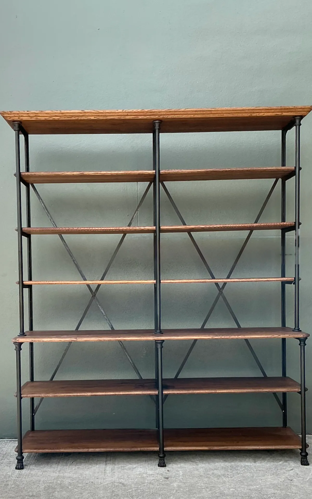 Vintage French Plank Wood and Metal Industrial Bookshelf — additional photo 3