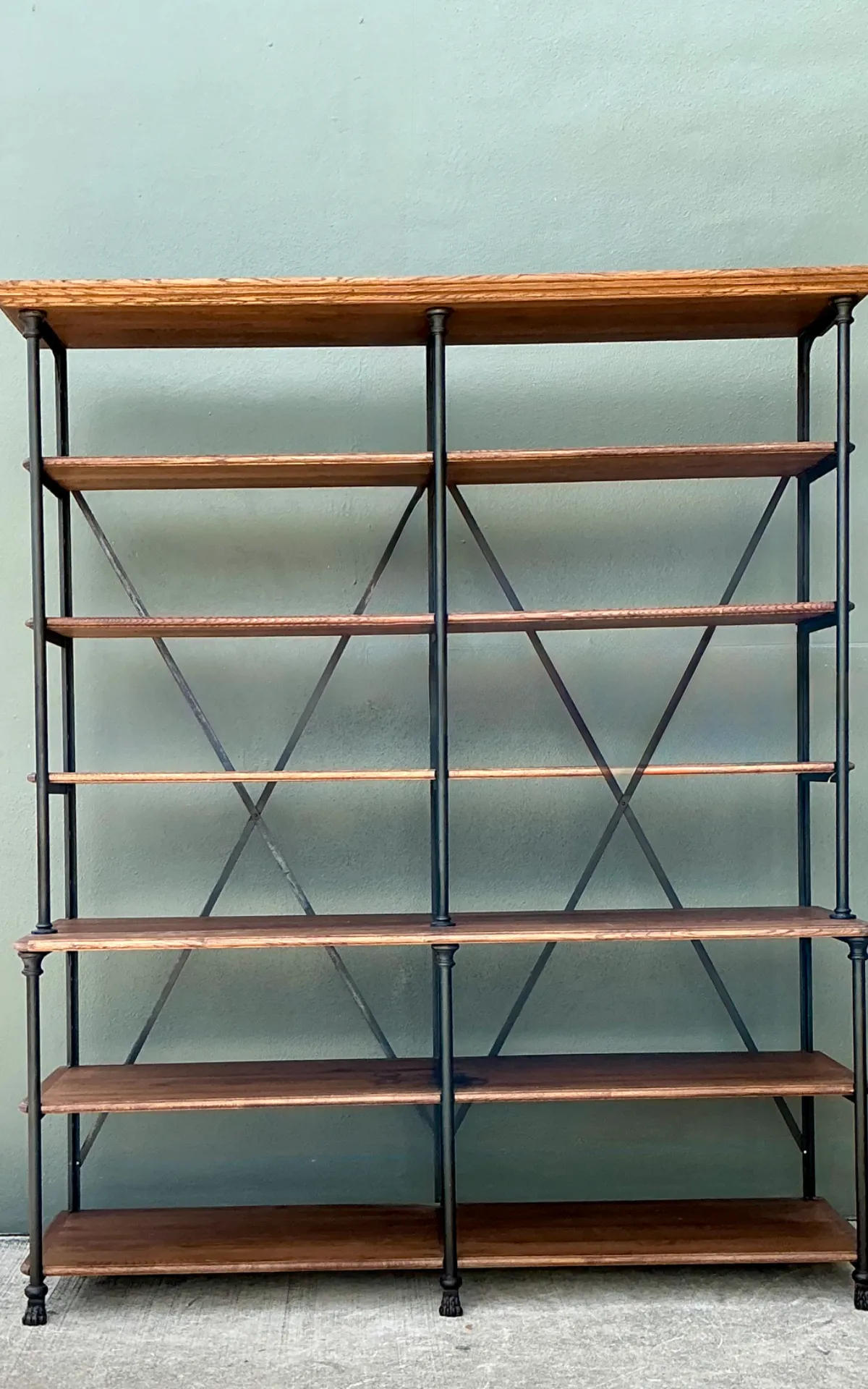 Vintage French Plank Wood and Metal Industrial Bookshelf — additional photo 5