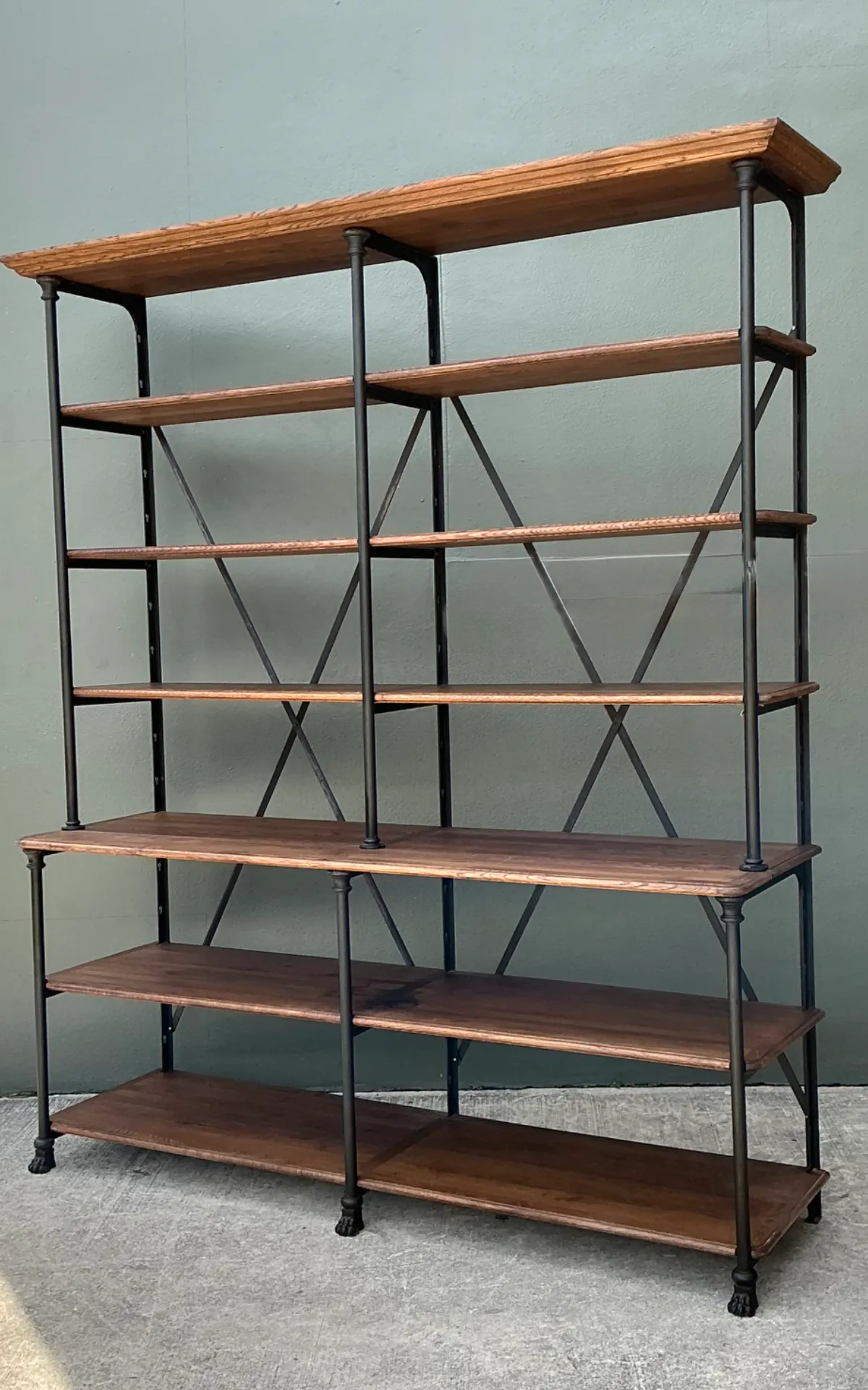 Vintage French Plank Wood and Metal Industrial Bookshelf — additional photo 7