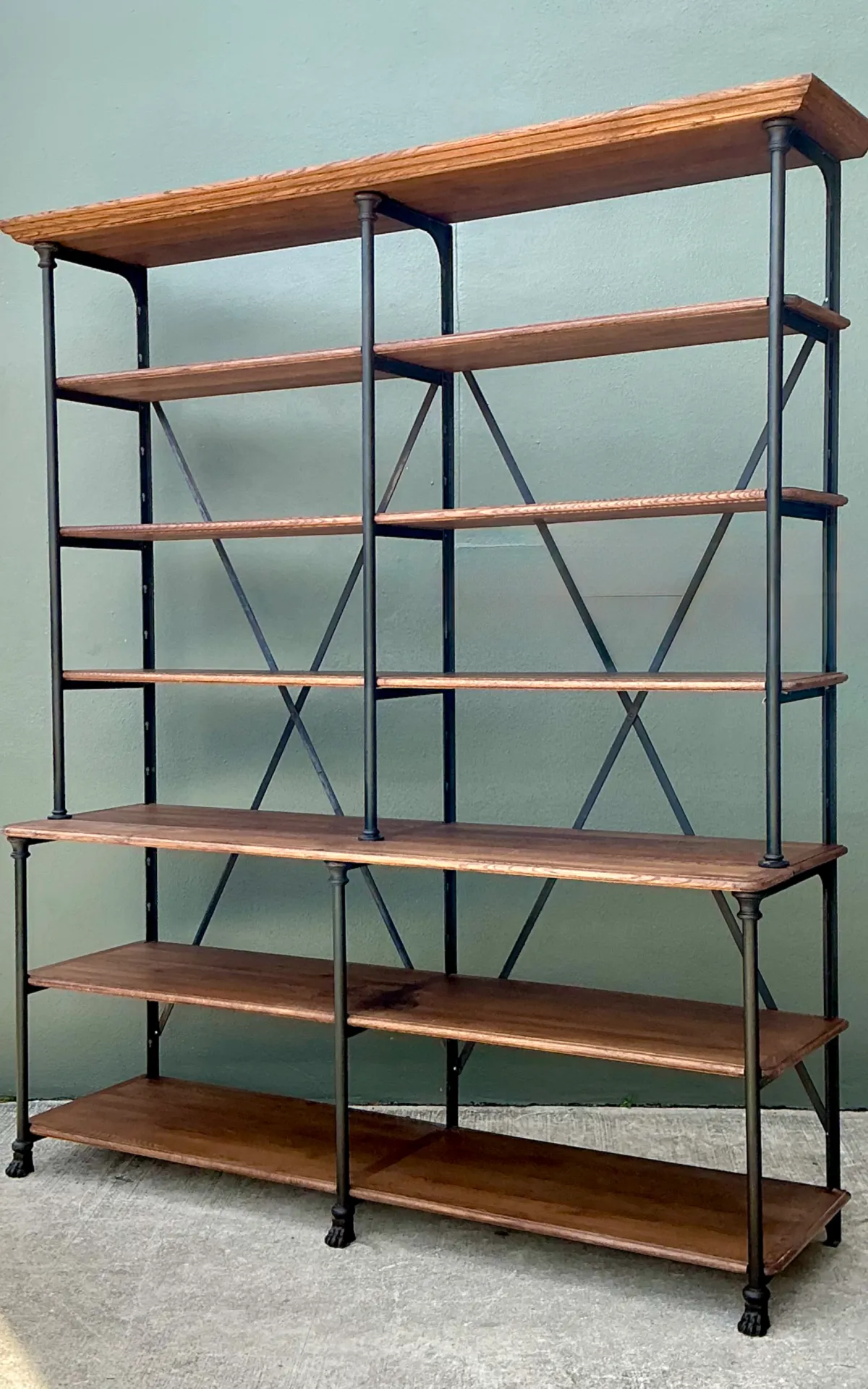 Vintage French Plank Wood and Metal Industrial Bookshelf — additional photo 8