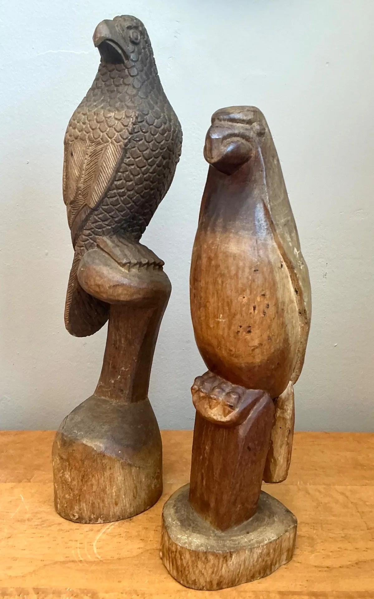 Vintage Carved Wood Bird Sculptures - A Pair