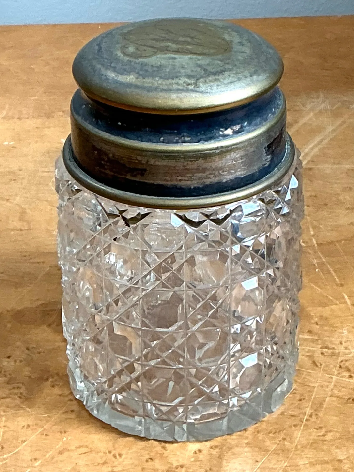 Antique Monogrammed Metal Topped Glass Vanity Jar — additional photo 4