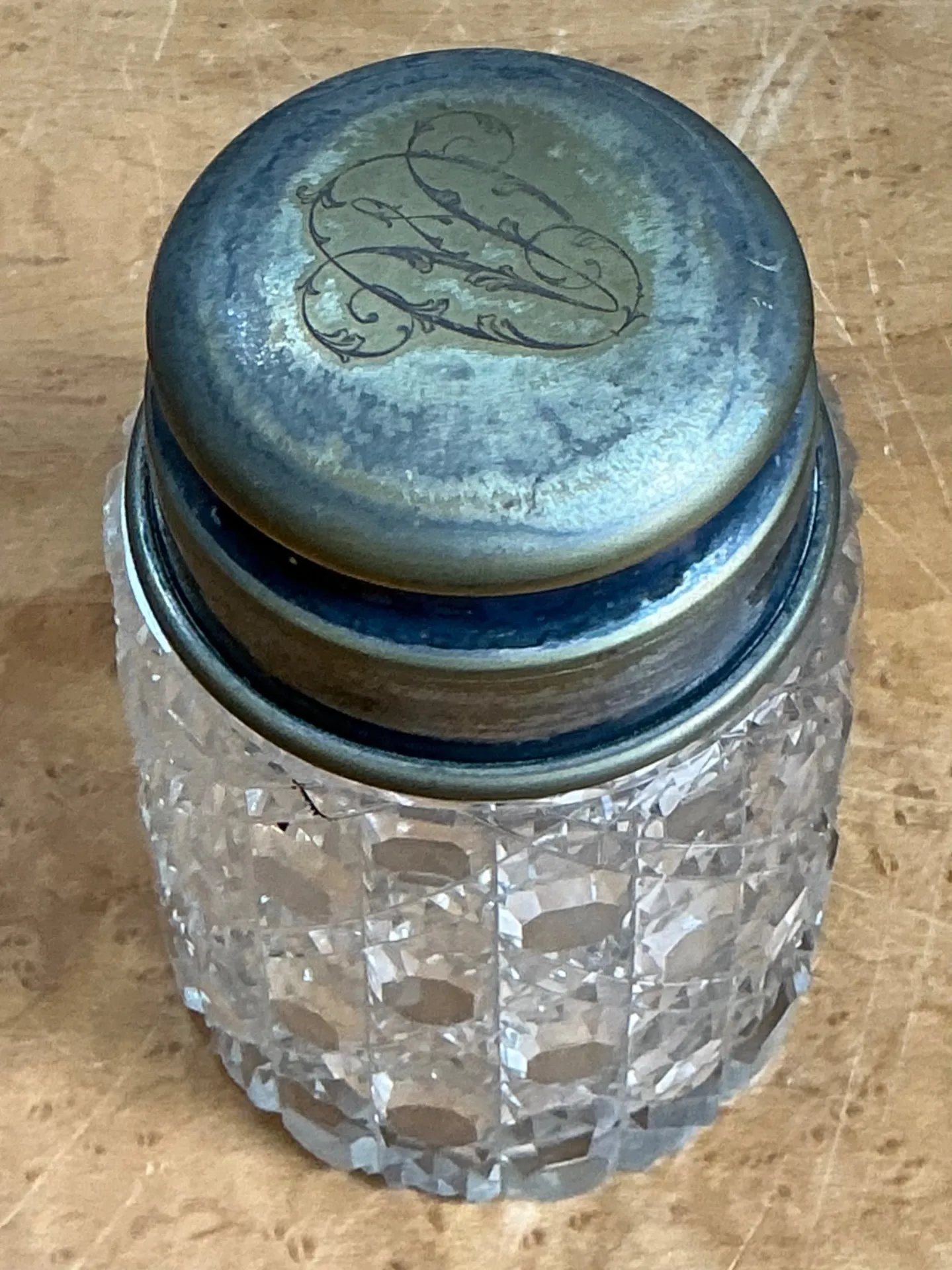 Antique Monogrammed Metal Topped Glass Vanity Jar — additional photo 2