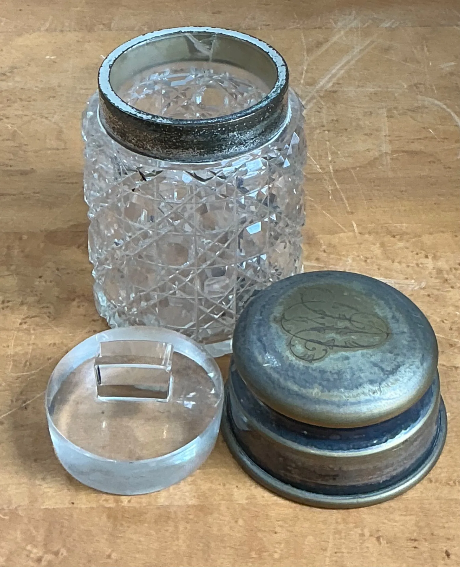 Antique Monogrammed Metal Topped Glass Vanity Jar — additional photo 7