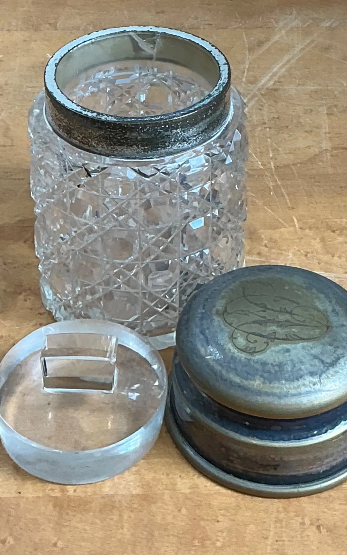Antique Monogrammed Metal Topped Glass Vanity Jar — additional photo 7