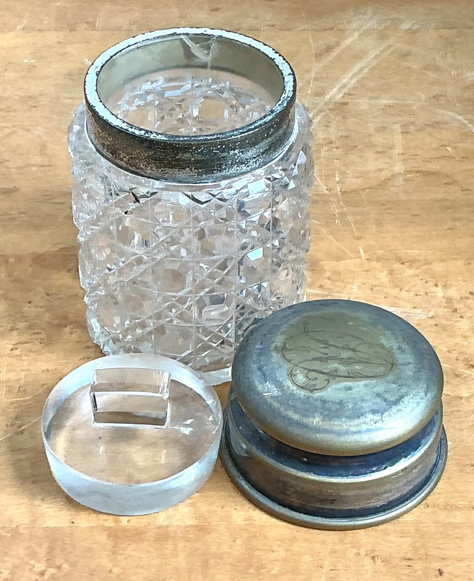Antique Monogrammed Metal Topped Glass Vanity Jar — additional photo 6