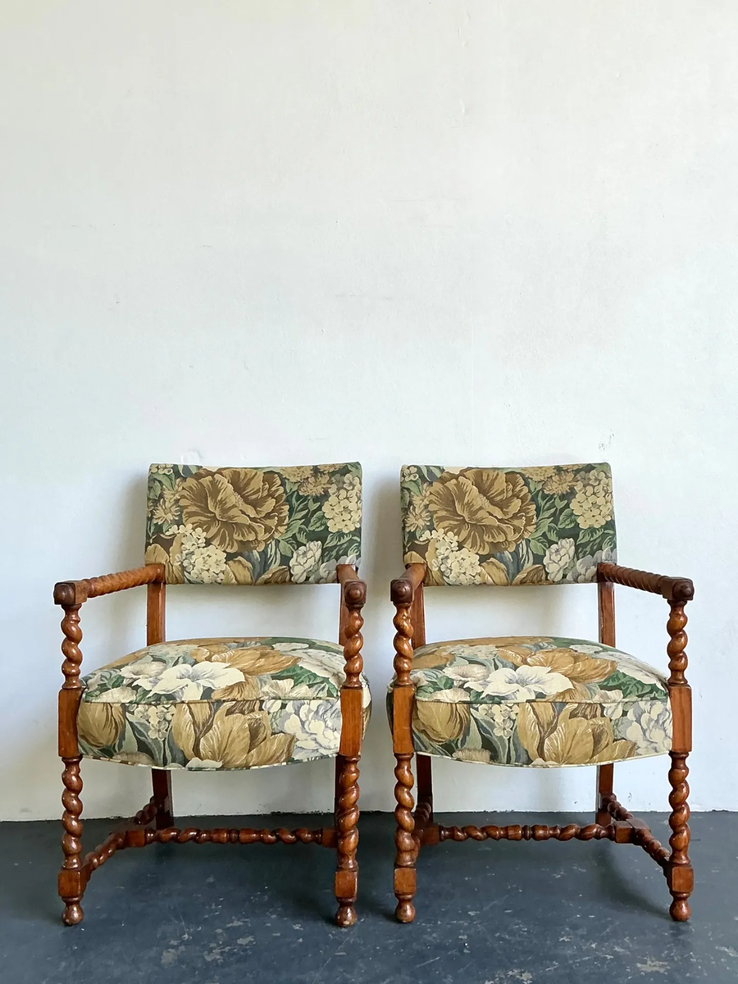 Vintage Twisted Wood Dorothy Draper Upholstered Barley Twist Armchairs — additional photo 1