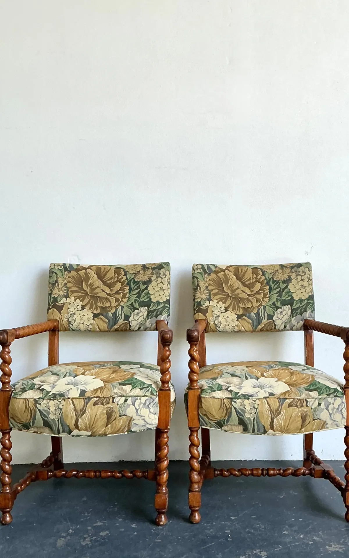 Vintage Twisted Wood Dorothy Draper Upholstered Barley Twist Armchairs