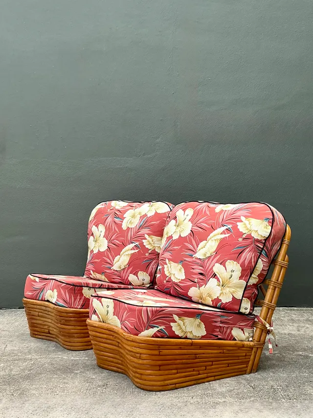 Vintage Stacked Wave Rattan Slipper Chairs After Paul Frankl — additional photo 2